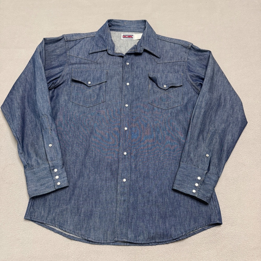 Vintage Big Mac Western Shirt Mens L Blue Denim Pearl Snap Made in USA